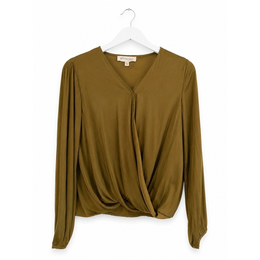 NWT Philosophy Republic Clothing Womens S Olive Green Draped Twist Front V-Neck